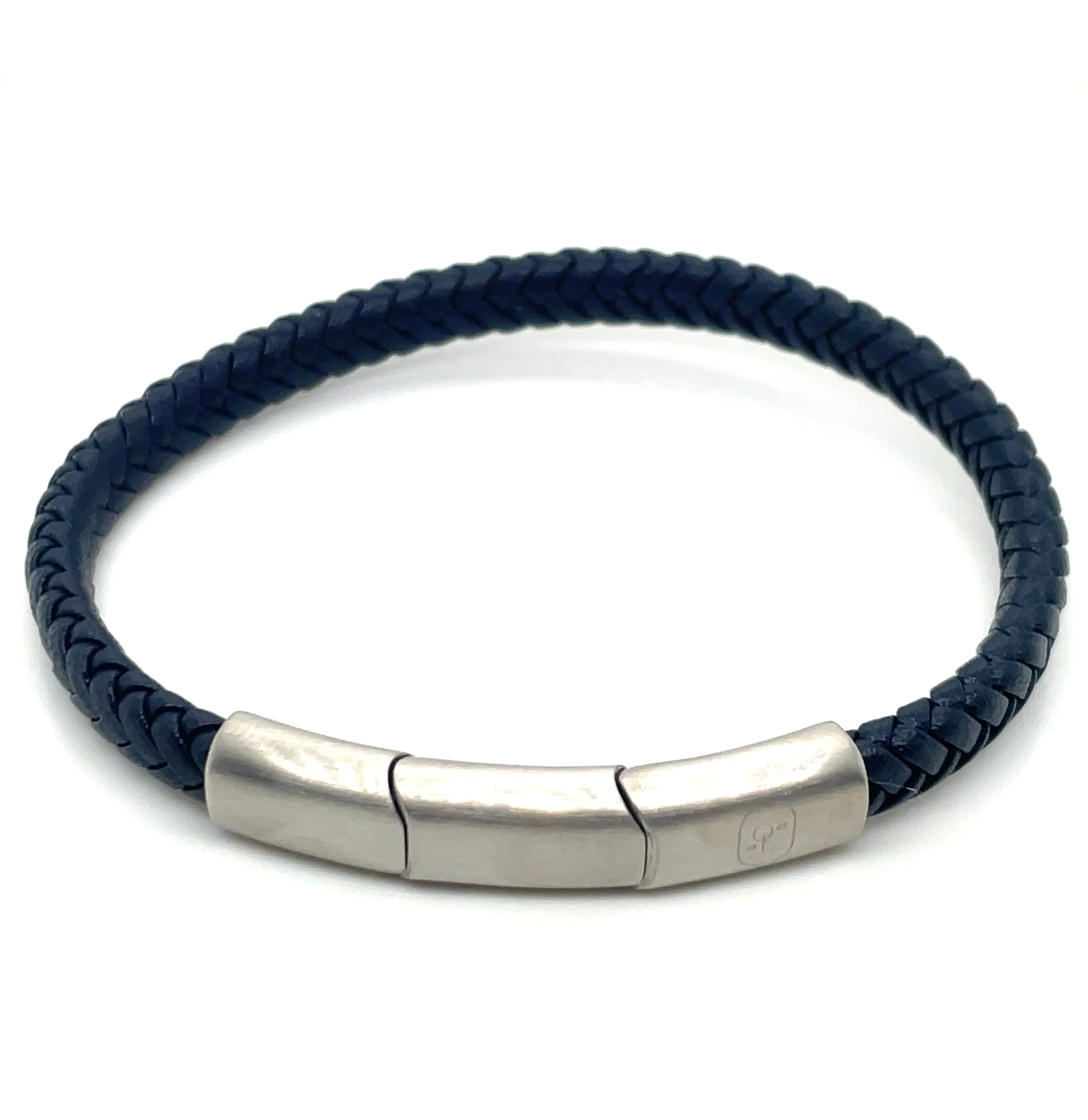 Gents Navy Leather Strap Bracelet With Stainless Steel Catch