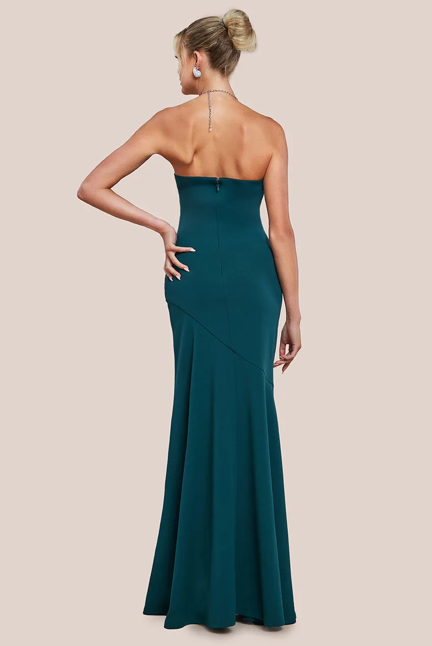 Goddiva Scuba Crepe Bandeau Maxi With Diamante Necklace - Emerald Green