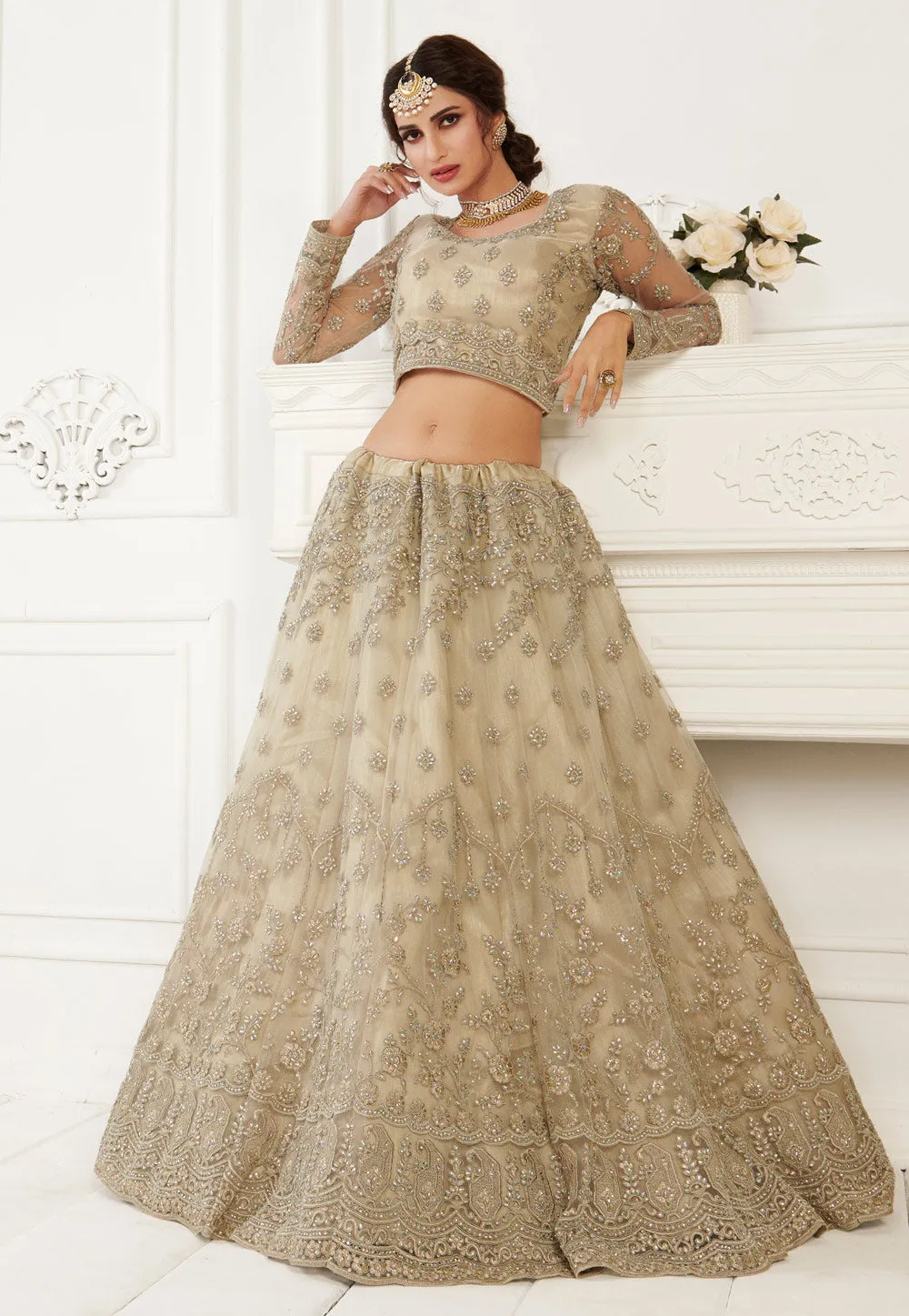 Golden Beige Embroidered Lehenga Choli