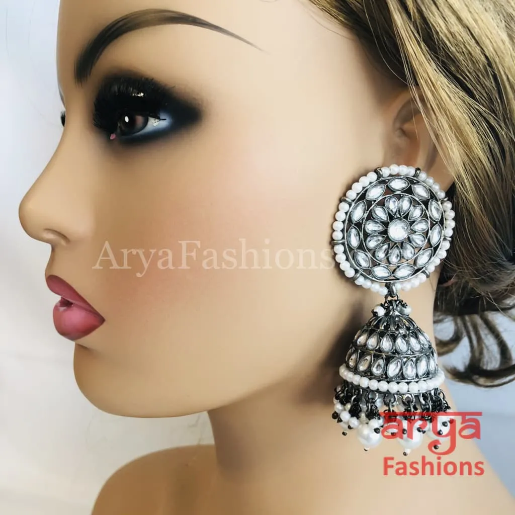 Gray Kundan Pearl Statement Long Jhumka Earrings