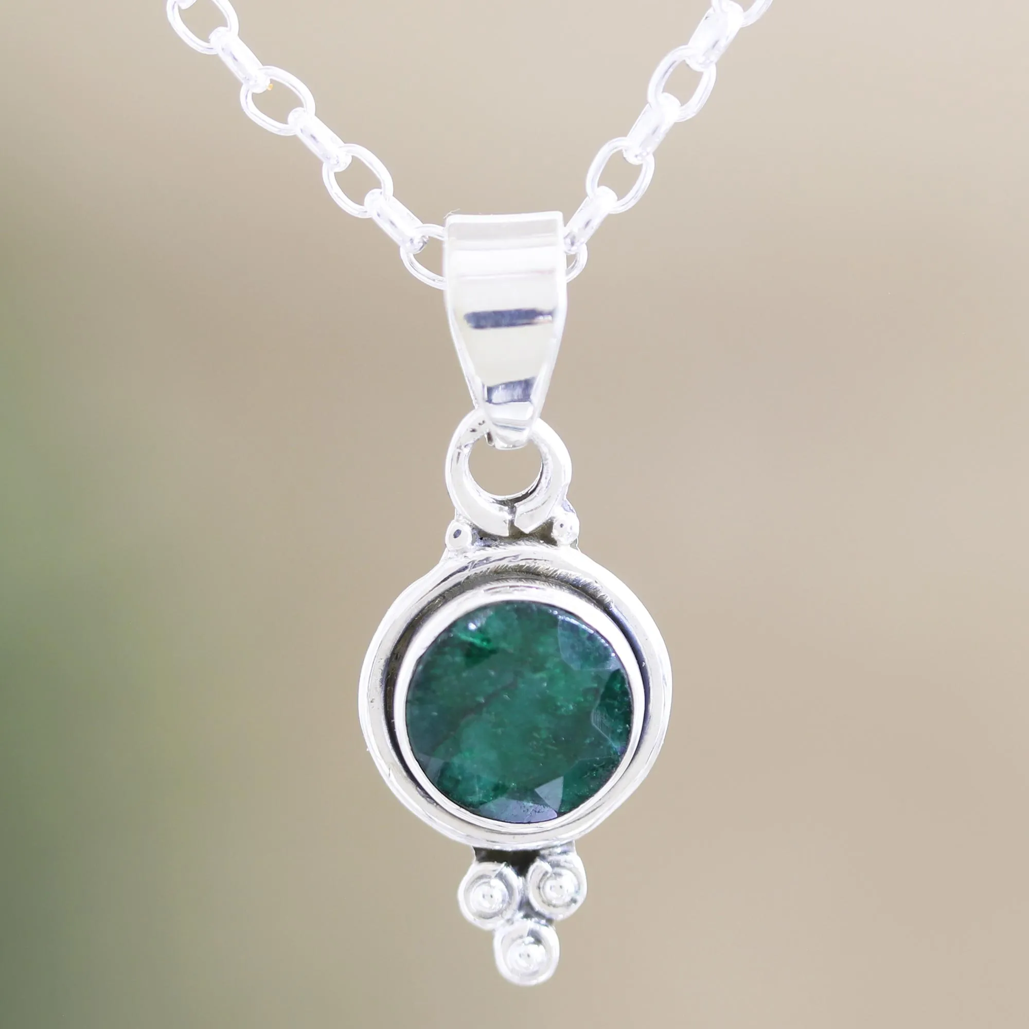 Indian Emerald and Sterling Silver Pendant Necklace - Air Bubble in Green | NOVICA