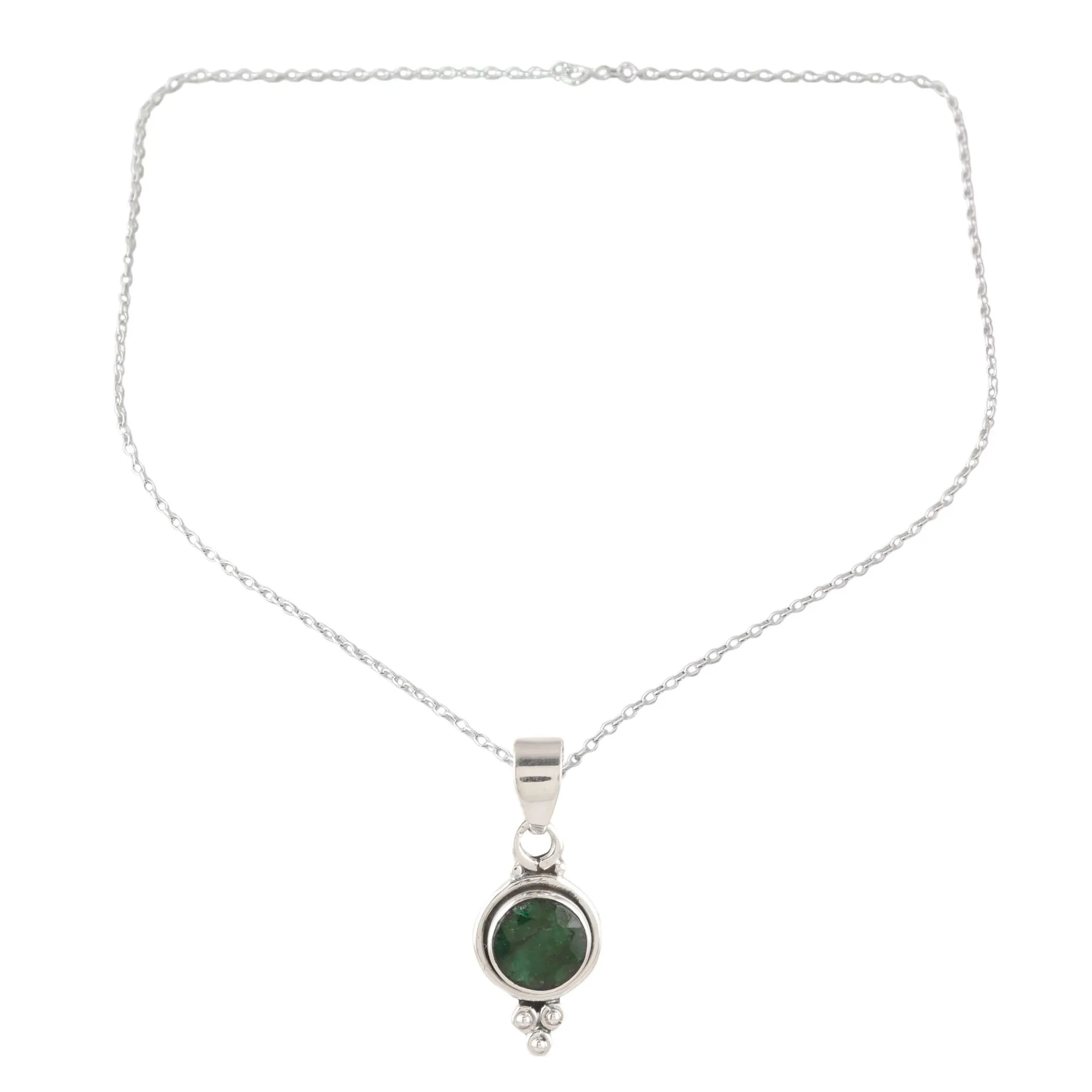 Indian Emerald and Sterling Silver Pendant Necklace - Air Bubble in Green | NOVICA