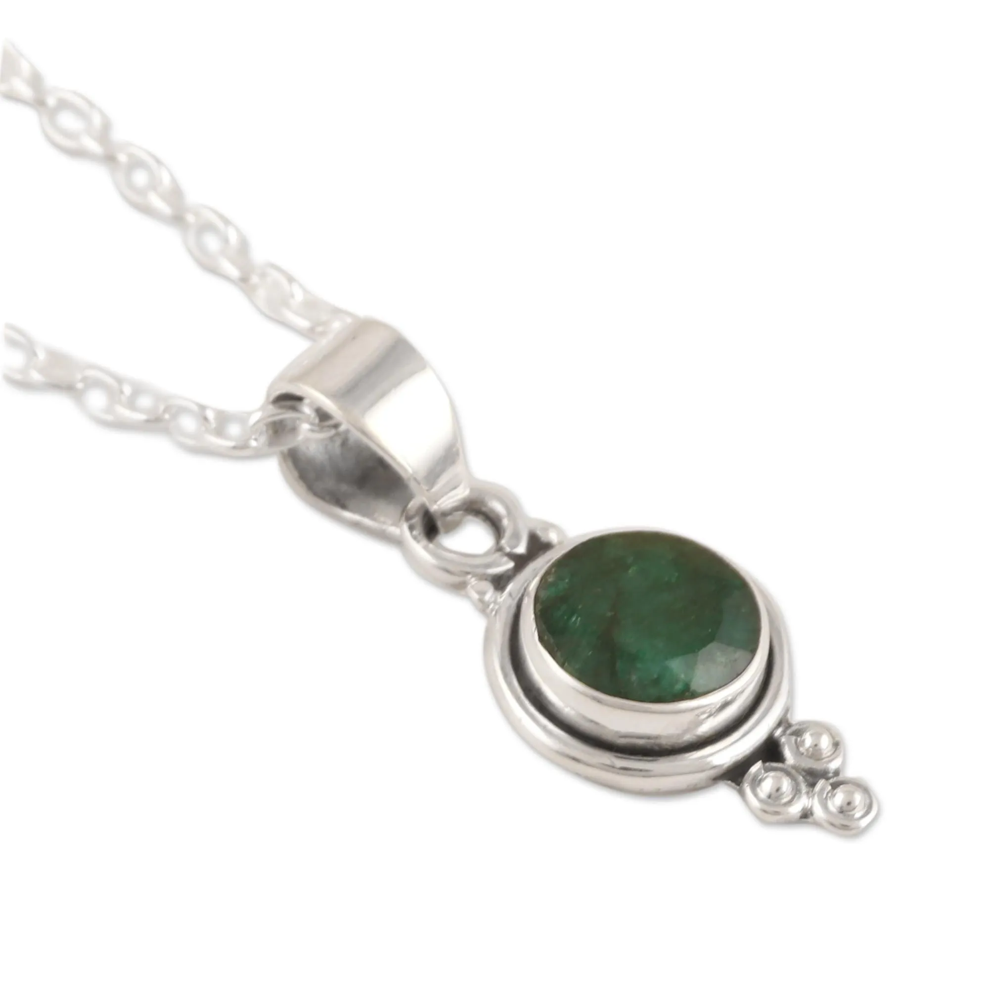 Indian Emerald and Sterling Silver Pendant Necklace - Air Bubble in Green | NOVICA