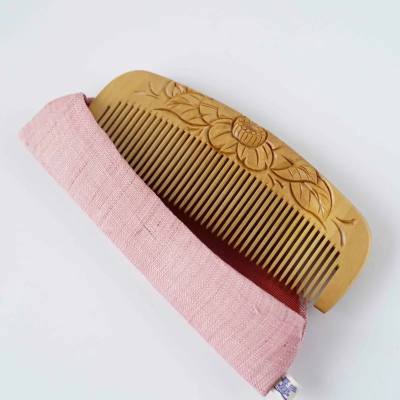 Japanese Tsuge (Boxwood) Comb with Hand Woven Linen Case - Camellia - ,  Handmade in Kyoto, Japan,  Japanese traditional hair comb