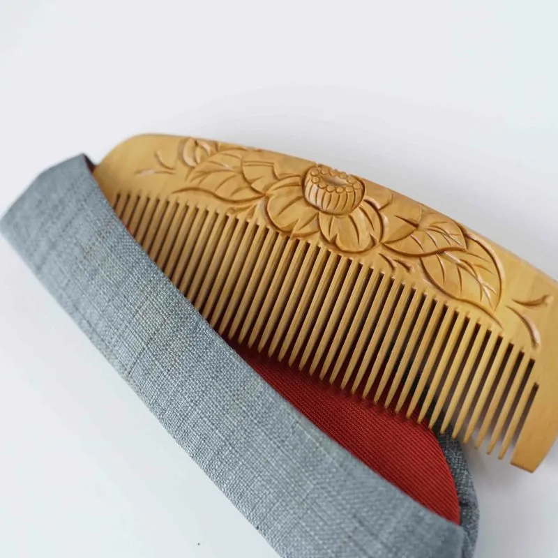 Japanese Tsuge (Boxwood) Comb with Hand Woven Linen Case - Camellia - ,  Handmade in Kyoto, Japan,  Japanese traditional hair comb