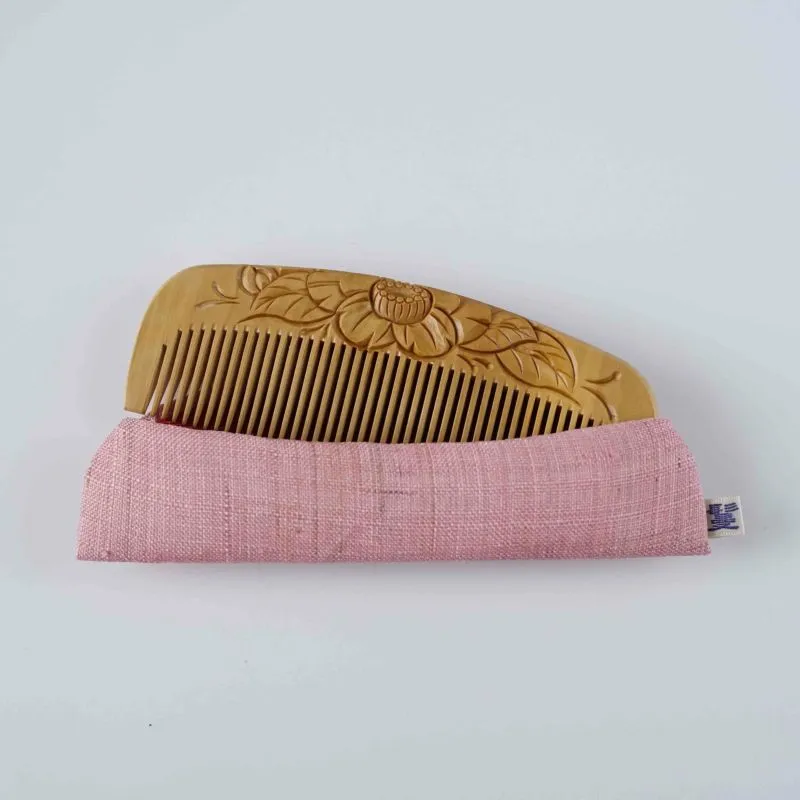 Japanese Tsuge (Boxwood) Comb with Hand Woven Linen Case - Camellia - ,  Handmade in Kyoto, Japan,  Japanese traditional hair comb