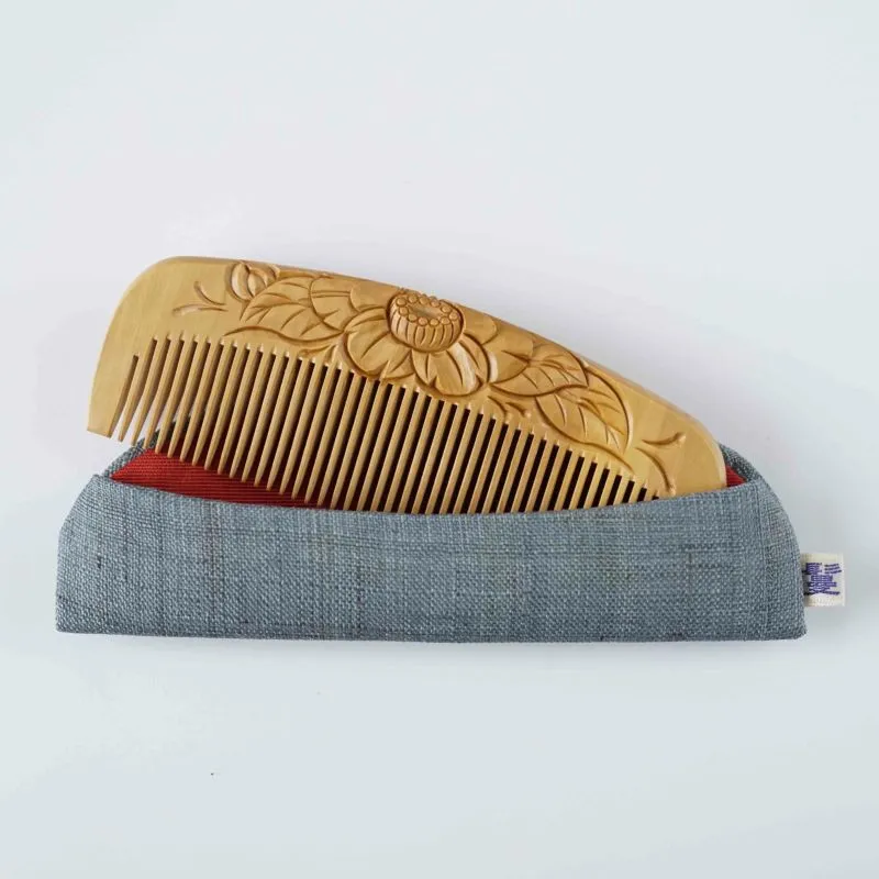 Japanese Tsuge (Boxwood) Comb with Hand Woven Linen Case - Camellia - ,  Handmade in Kyoto, Japan,  Japanese traditional hair comb