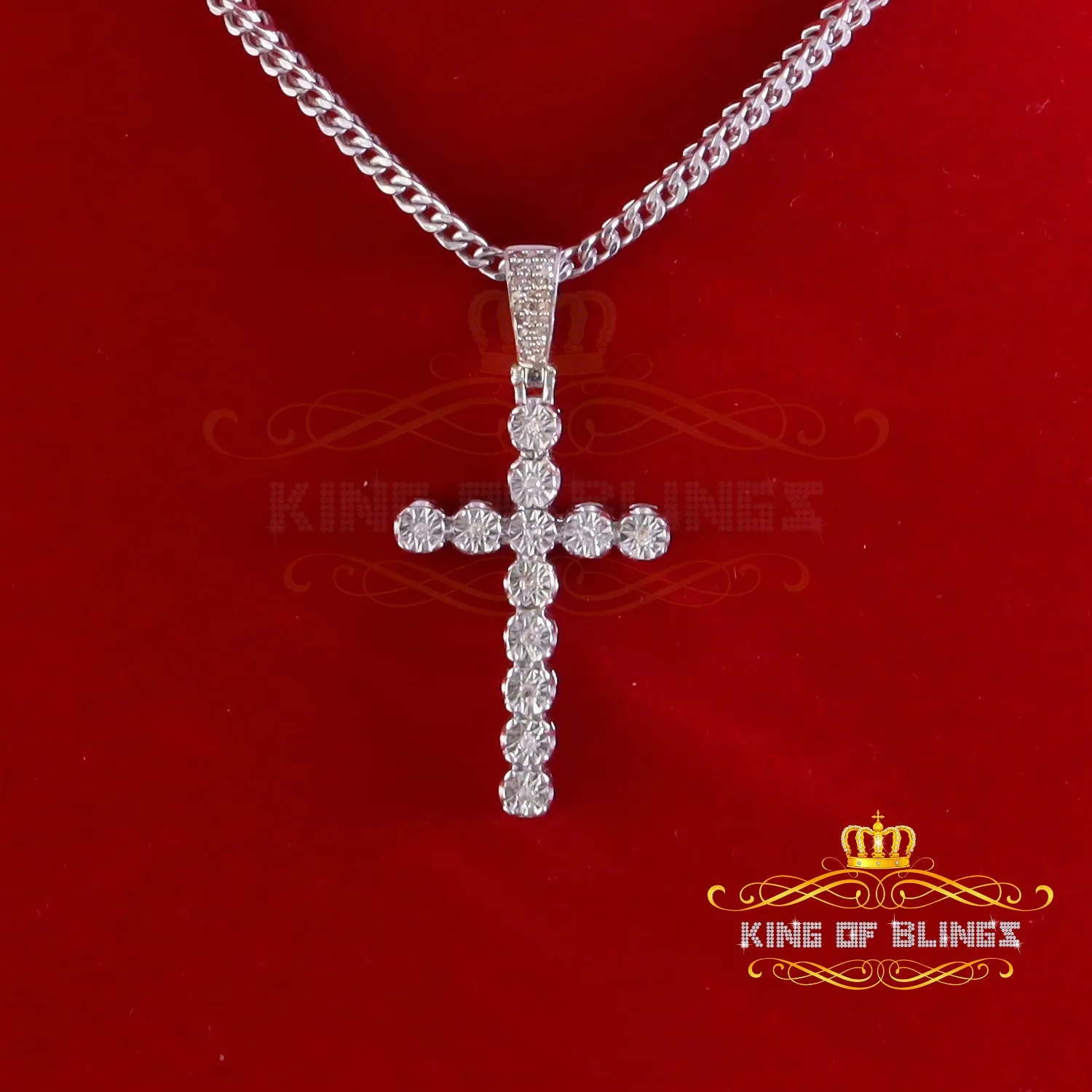 King Of Bling's 925 Sterling Silver 0.15CT Real Diamond Round with Cross White Necklace Pendant