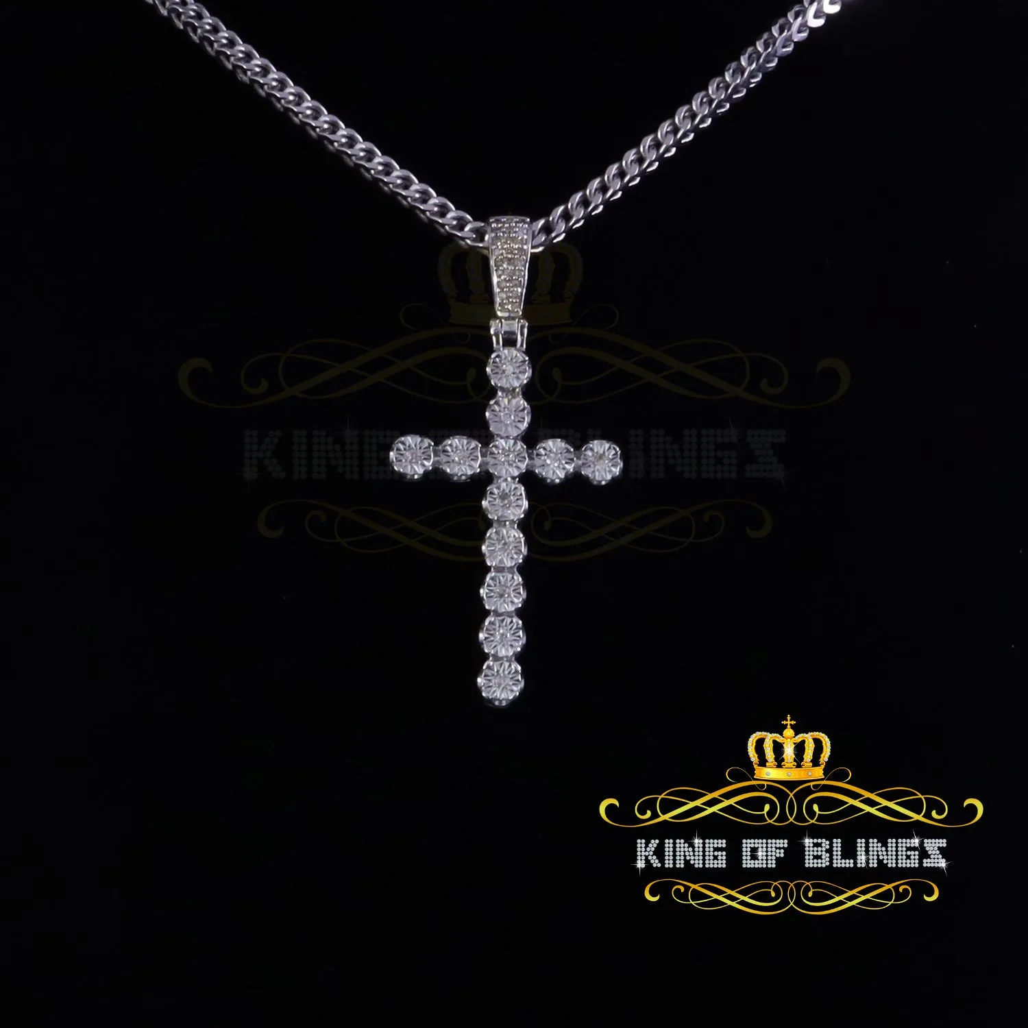 King Of Bling's 925 Sterling Silver 0.15CT Real Diamond Round with Cross White Necklace Pendant