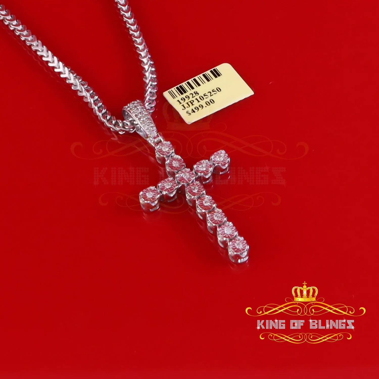 King Of Bling's 925 Sterling Silver 0.15CT Real Diamond Round with Cross White Necklace Pendant