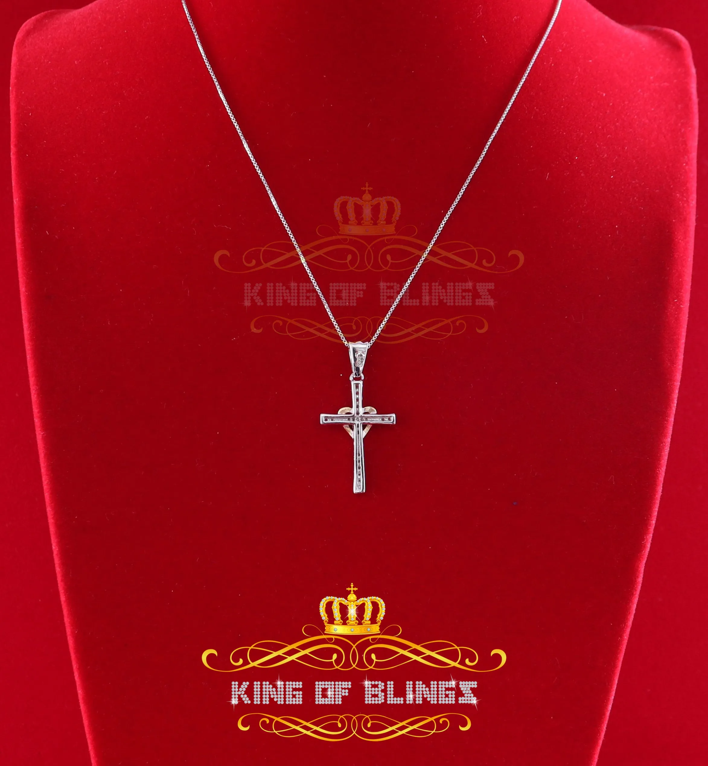 King Of Bling's White 925 Sterling Silver Cross with Heart Pendant with 0.22ct Cubic Zirconia