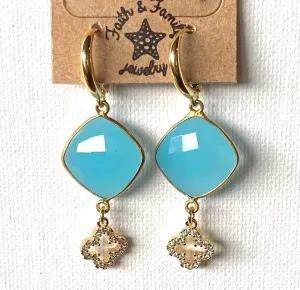 Large Aqua Chalcedony Double Drop Quatrefoil Earrings