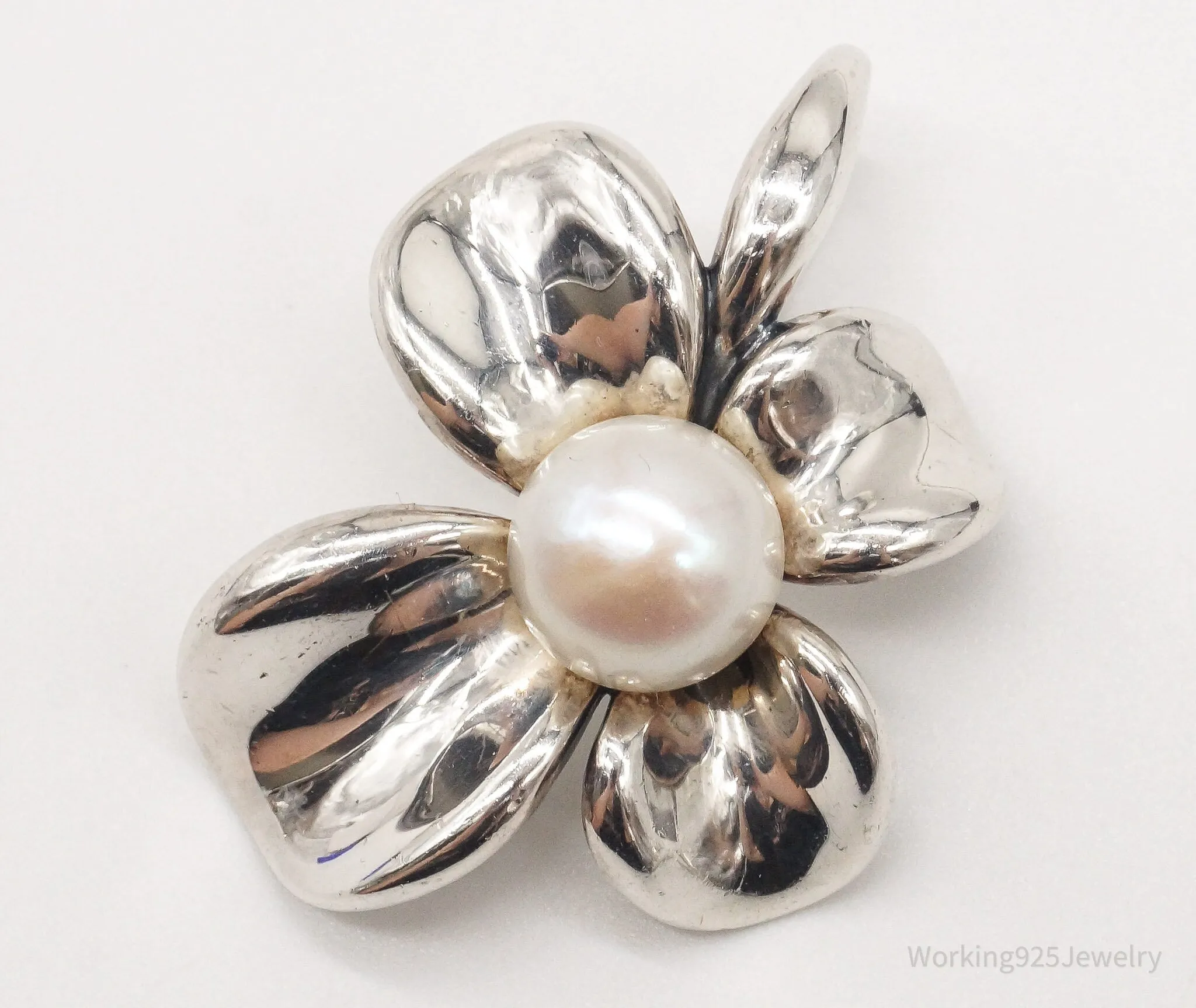 Large Vintage Designer Ann King Pearl Sterling Silver Flower Pendant