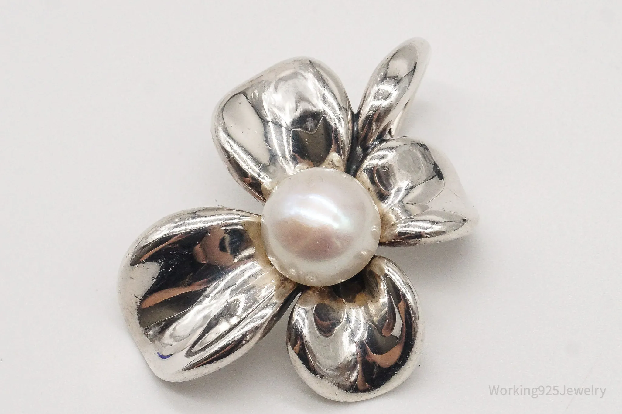 Large Vintage Designer Ann King Pearl Sterling Silver Flower Pendant