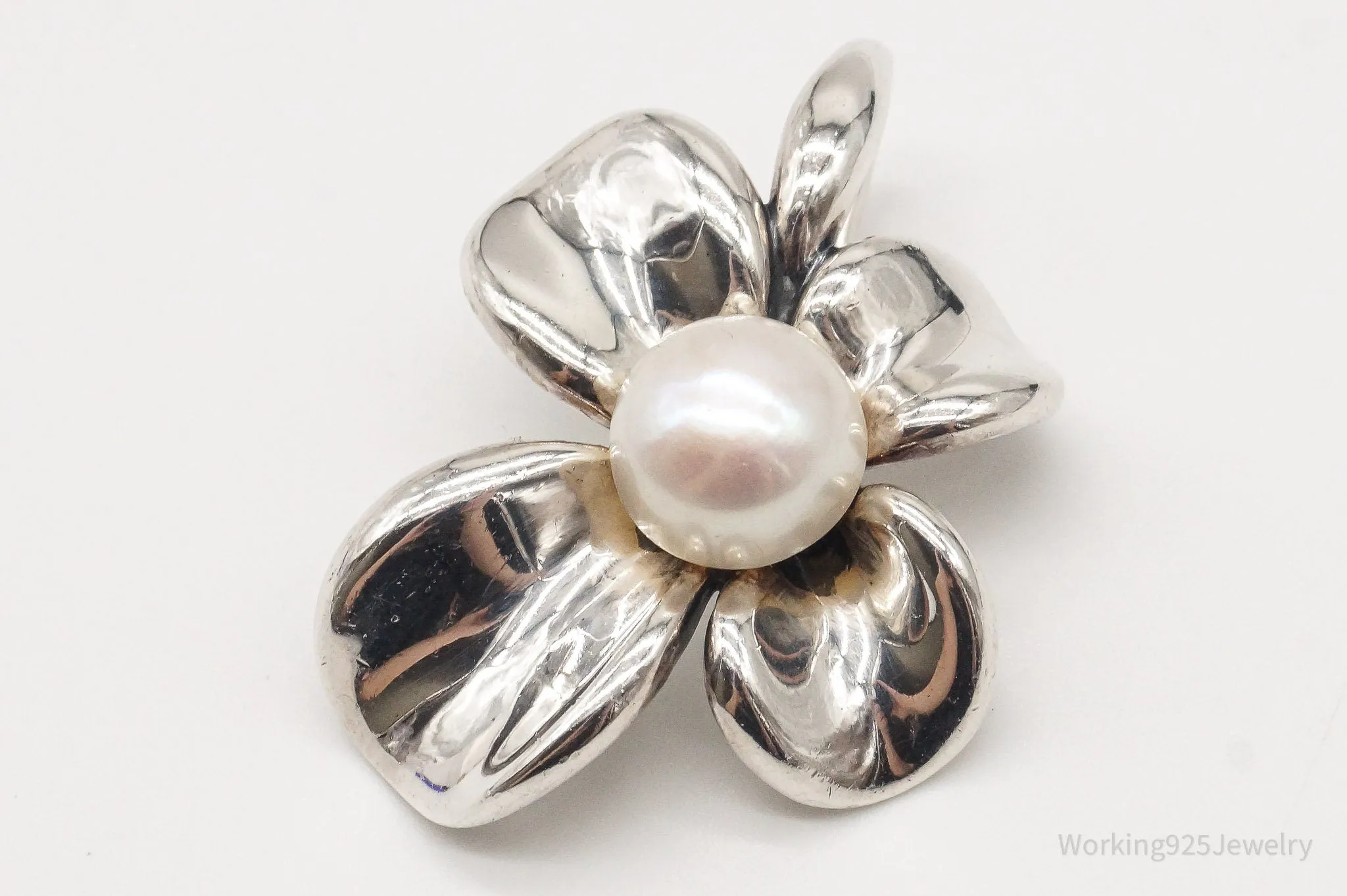 Large Vintage Designer Ann King Pearl Sterling Silver Flower Pendant