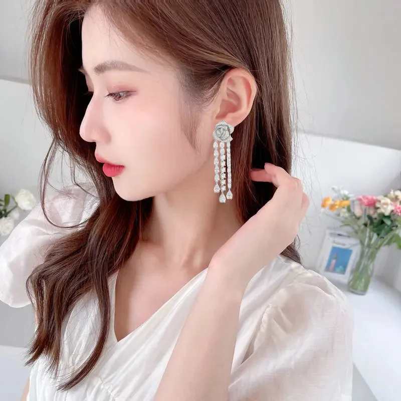 Luxury Cubic Zirconia Long Water Drop Three-dimensional Camellia Flower Earrings Banquet Dress Bridal Wedding Jewely LYI087