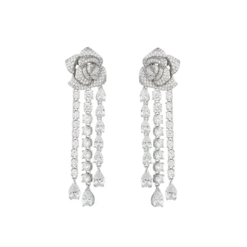 Luxury Cubic Zirconia Long Water Drop Three-dimensional Camellia Flower Earrings Banquet Dress Bridal Wedding Jewely LYI087