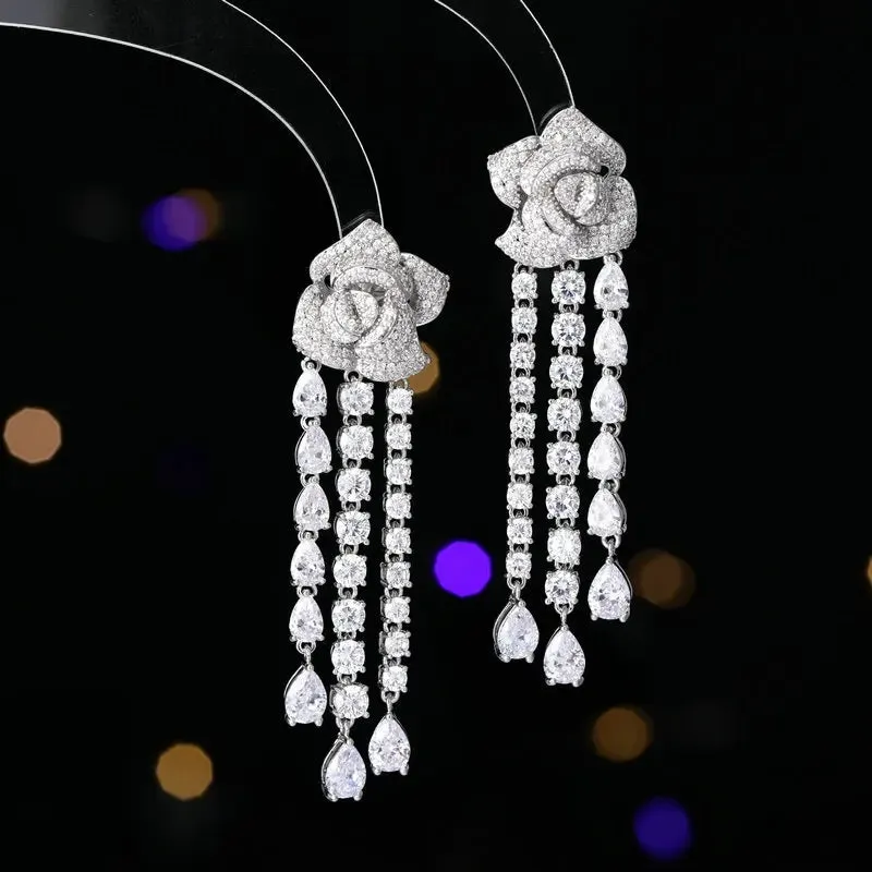 Luxury Cubic Zirconia Long Water Drop Three-dimensional Camellia Flower Earrings Banquet Dress Bridal Wedding Jewely LYI087