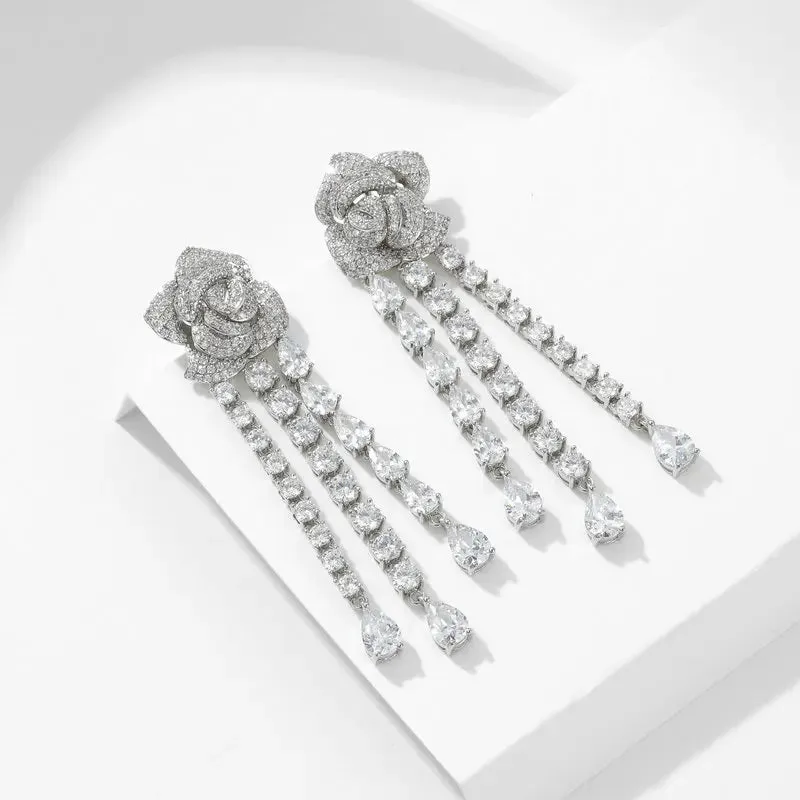 Luxury Cubic Zirconia Long Water Drop Three-dimensional Camellia Flower Earrings Banquet Dress Bridal Wedding Jewely LYI087