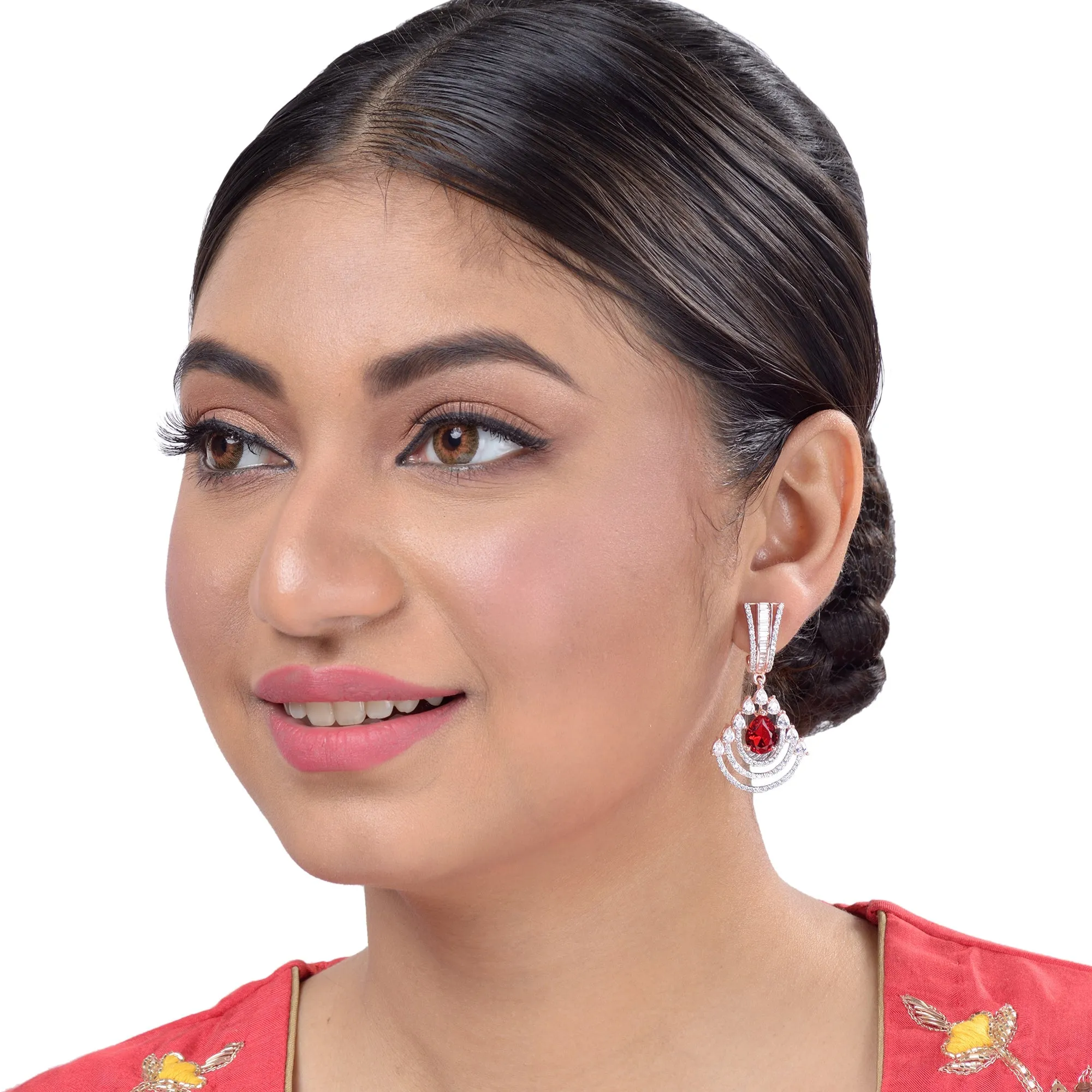 Modern Ruby Danglers Red Drop Earrings Ad Studded Rose Gold Plated for Women and Girls - Saraf RS Jewellery