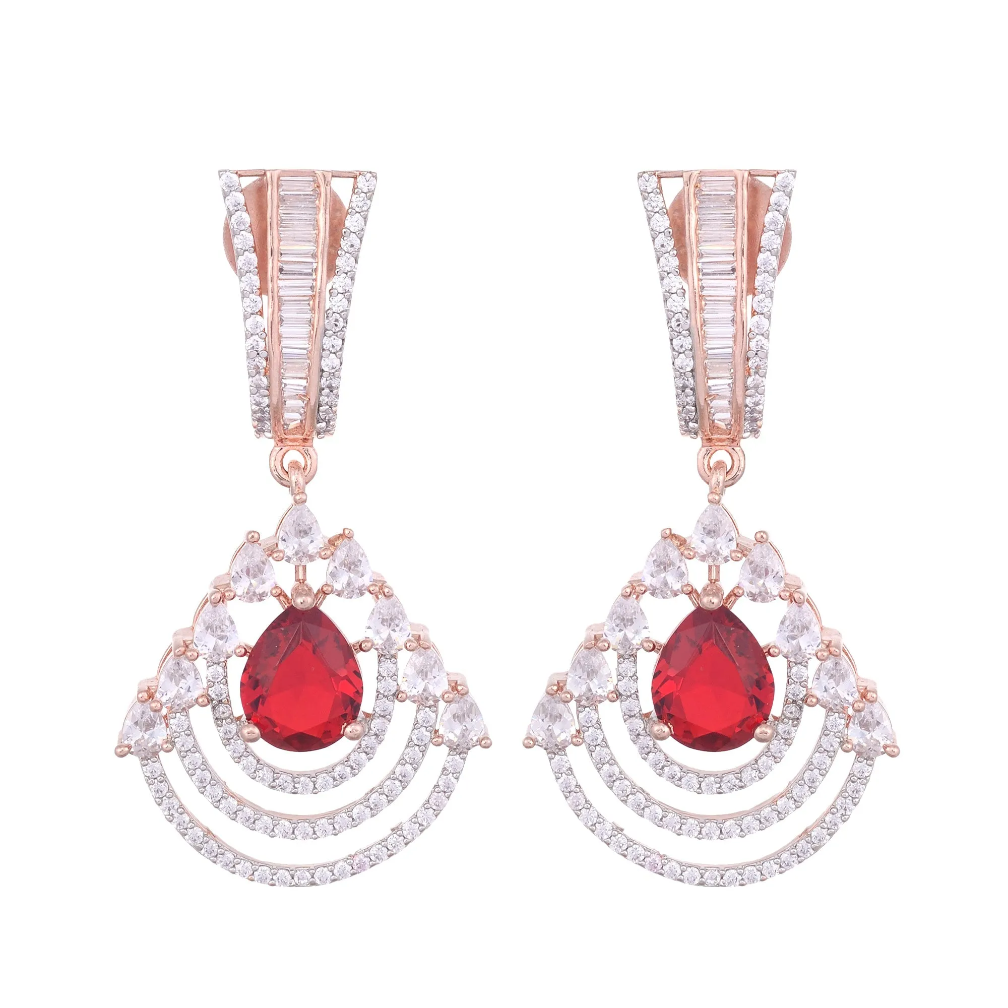 Modern Ruby Danglers Red Drop Earrings Ad Studded Rose Gold Plated for Women and Girls - Saraf RS Jewellery