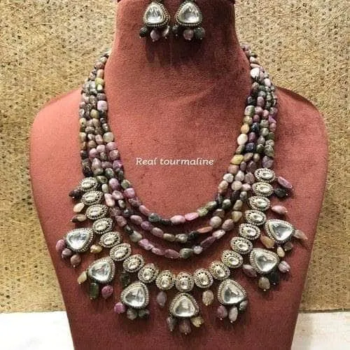 Multi Layered Precious Stone Polki Hanging Necklace