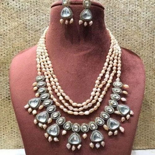 Multi Layered Precious Stone Polki Hanging Necklace