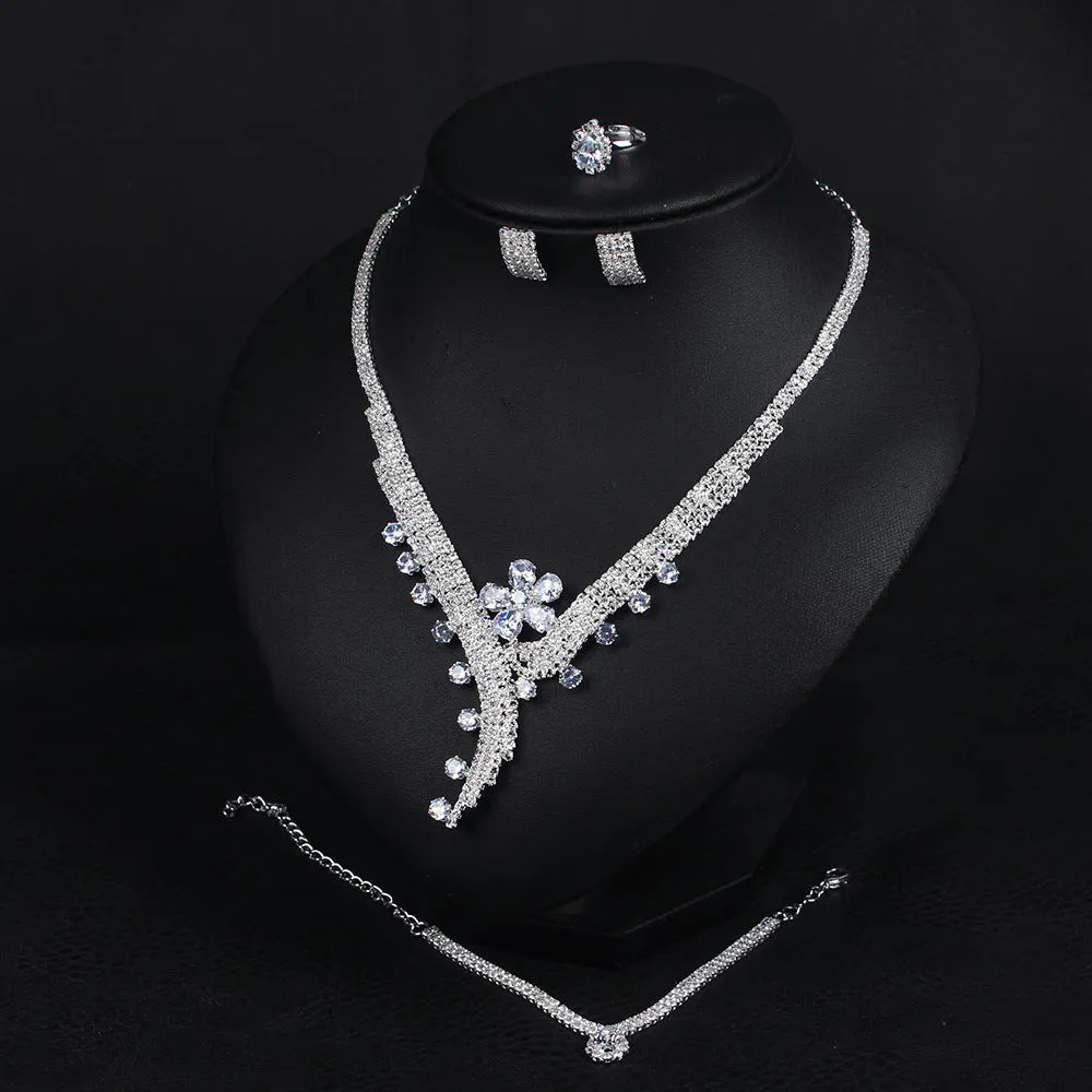 New full diamond zircon flower pendant necklace earrings bracelet ring set bridal dress photography accessories