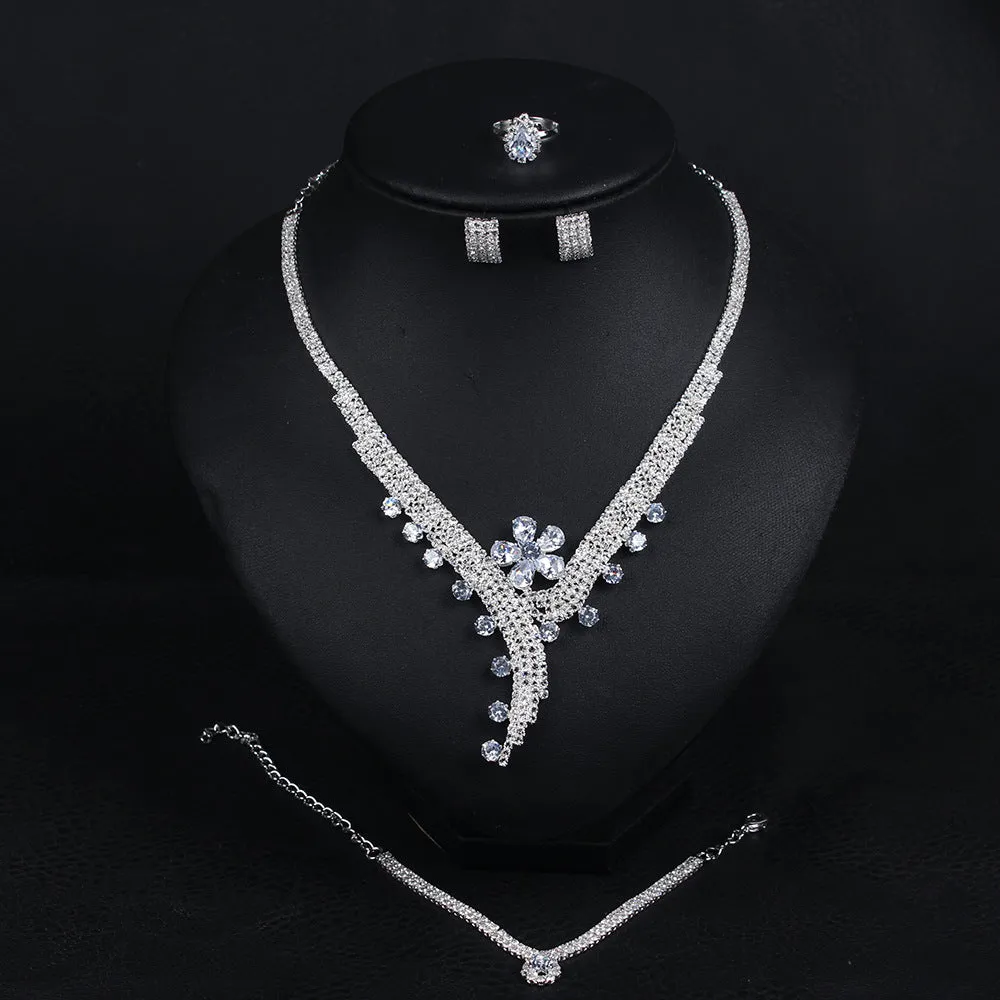 New full diamond zircon flower pendant necklace earrings bracelet ring set bridal dress photography accessories