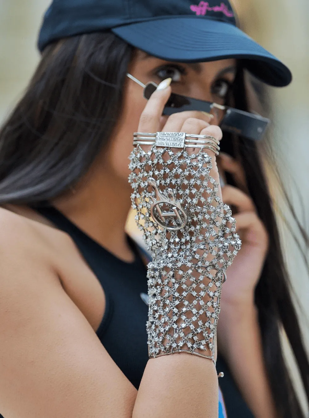 Niki Mehra Madan In Drip OH Chainmail Gloves In Rhinestone