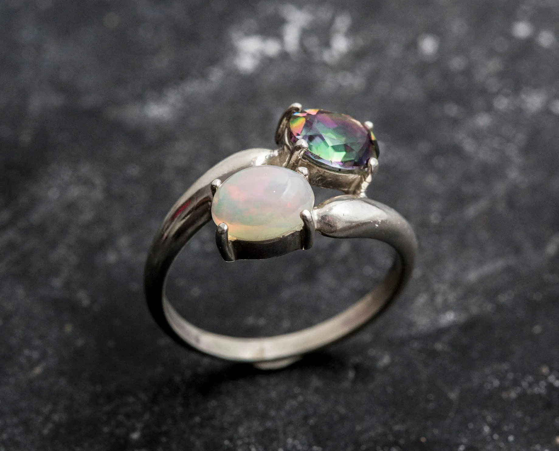 Opal Silver Ring - Two Stone Ring - Mystic Topaz Ring