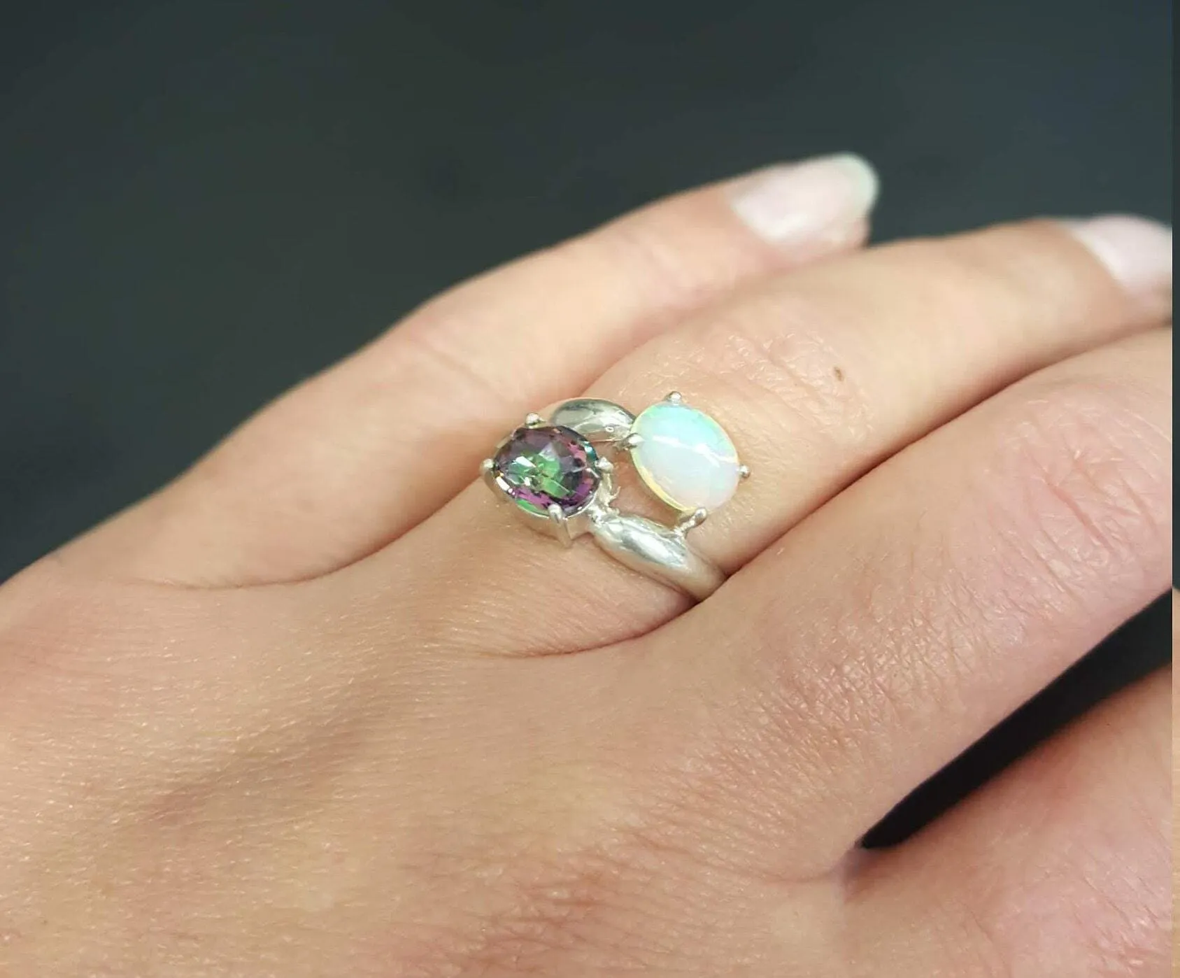 Opal Silver Ring - Two Stone Ring - Mystic Topaz Ring