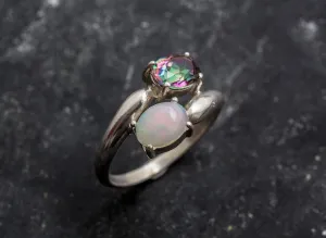 Opal Silver Ring - Two Stone Ring - Mystic Topaz Ring