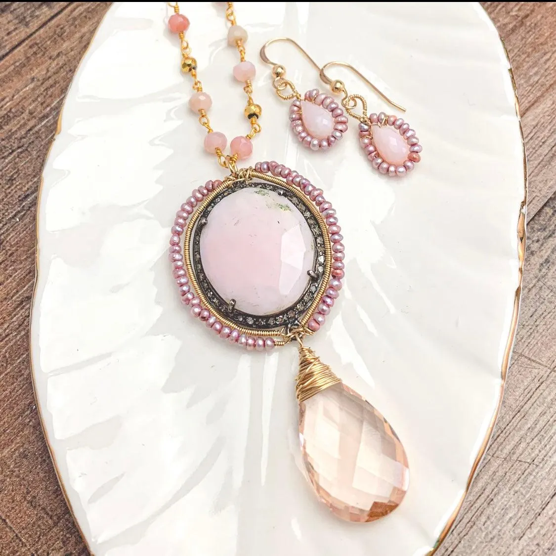 Pink Opal with Pavé Diamonds and Pearls jewelry