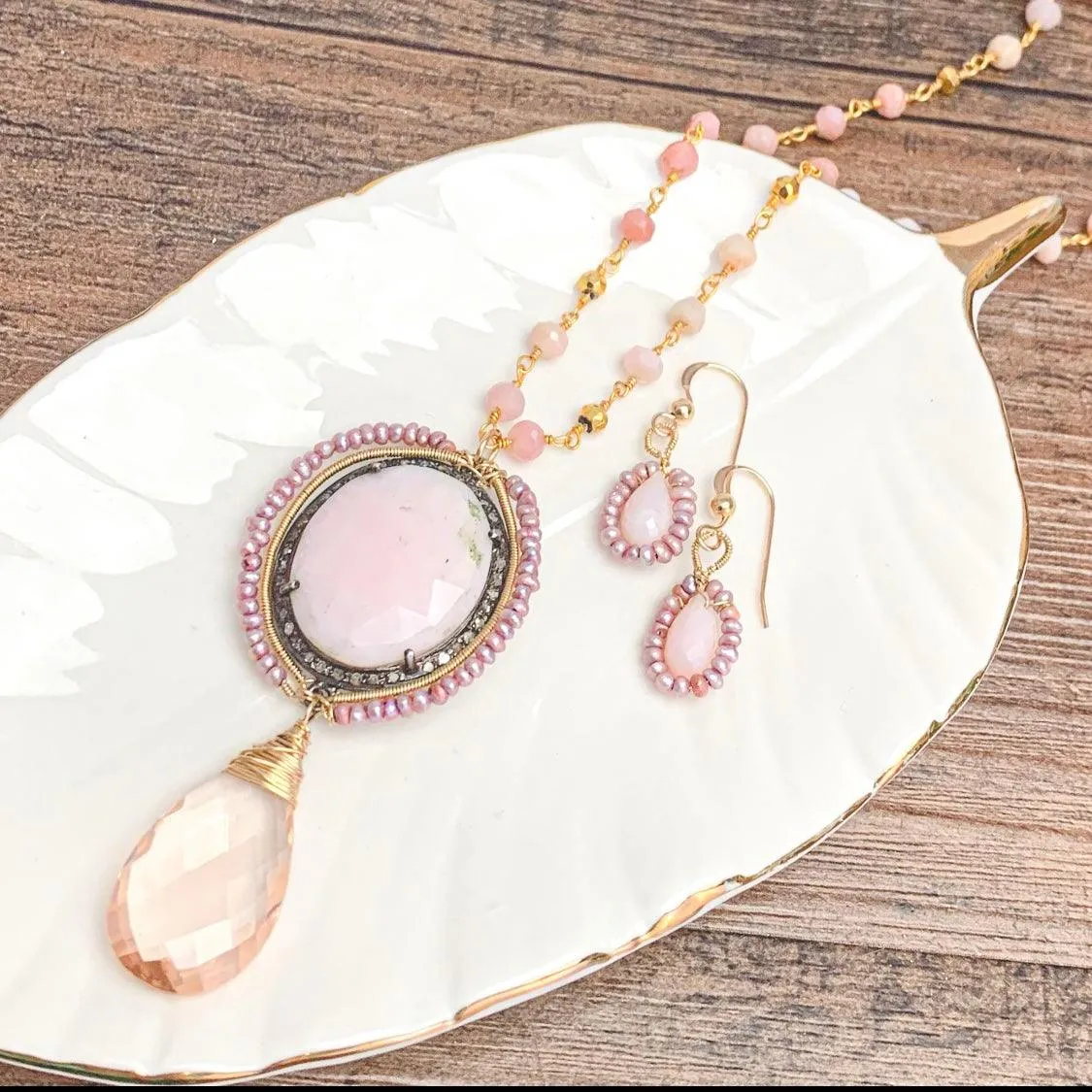 Pink Opal with Pavé Diamonds and Pearls jewelry