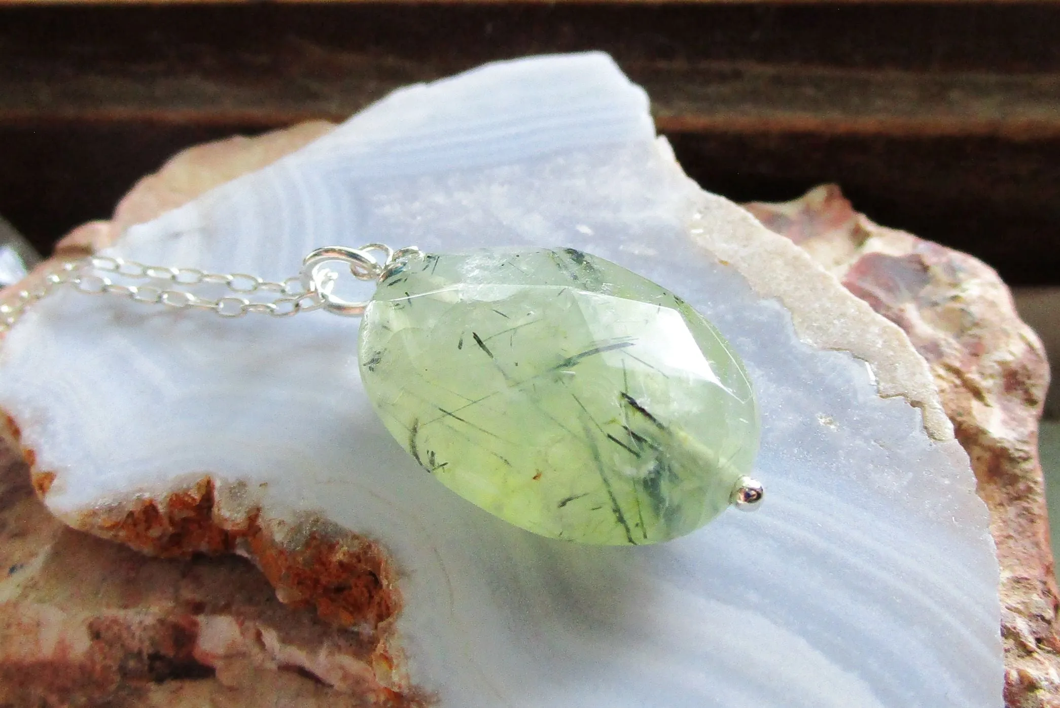 Prehnite Gemstone Faceted Crystal Bead Pendant Necklace