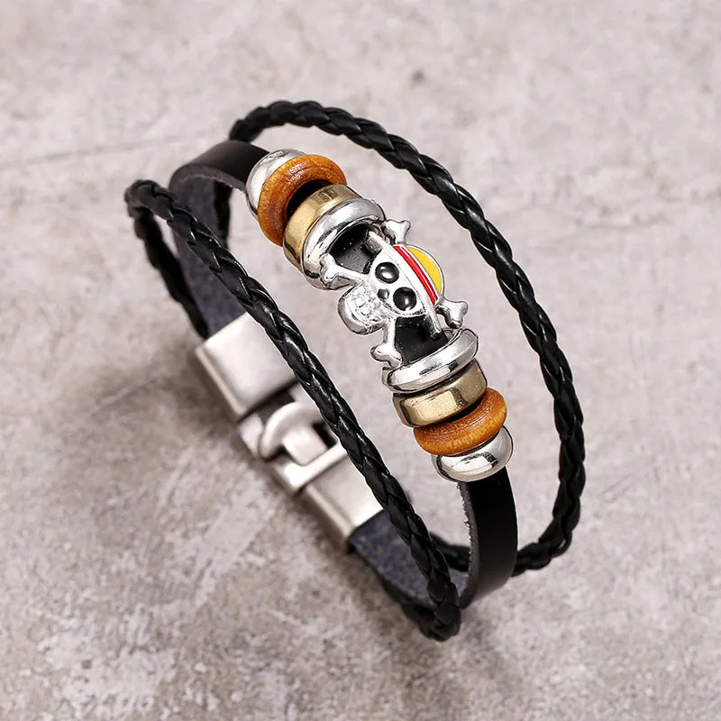 Punk Braided Leather Bracelet Simple Multi-Layer Ghost Head a Pair of Buckles Bracelet