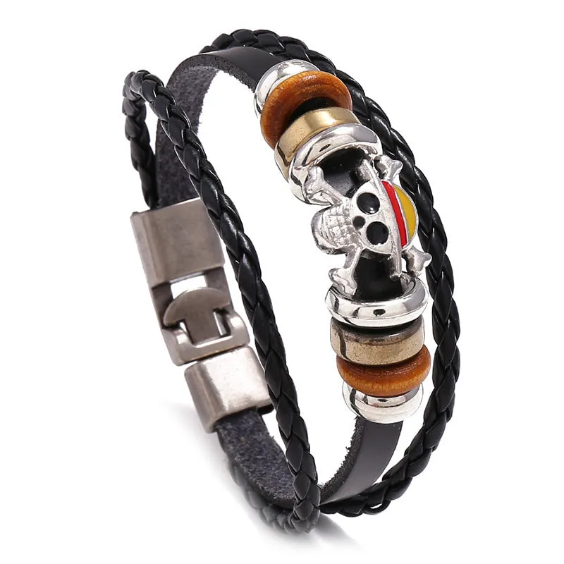 Punk Braided Leather Bracelet Simple Multi-Layer Ghost Head a Pair of Buckles Bracelet