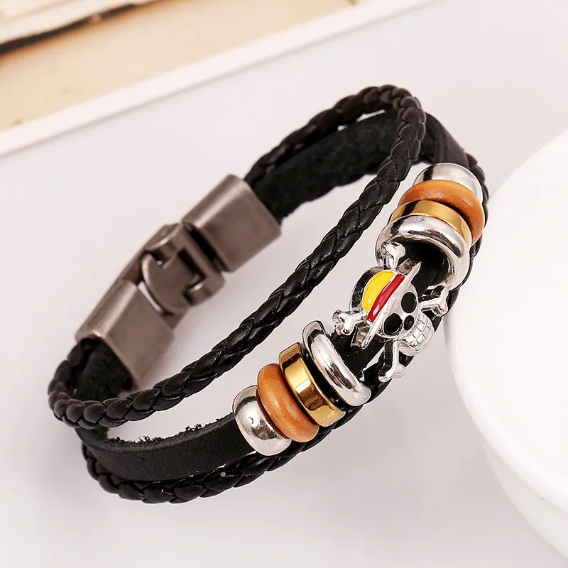 Punk Braided Leather Bracelet Simple Multi-Layer Ghost Head a Pair of Buckles Bracelet