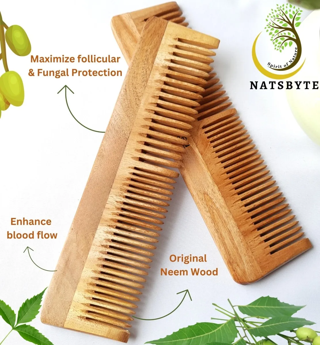 Pure Kacchi Neem Wood Comb Pack Combo -01 (Pack of 2)