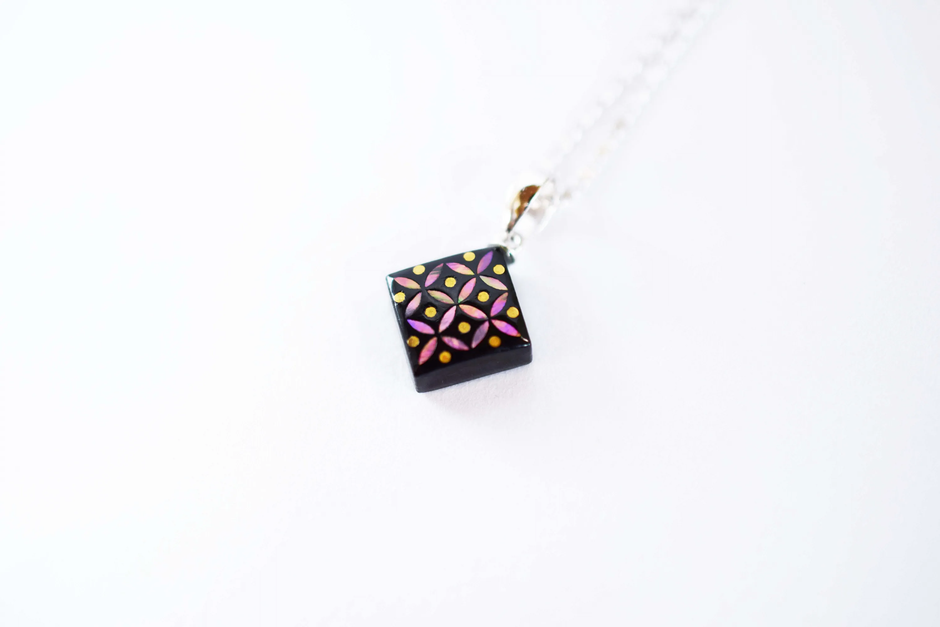 Raden Pendant Necklace - Shippo (Interlocking Circles Pattern) with 24k Gold Accents / Pink Color / Small Size-, Japanese Lacquer Jewelry, Kyoto Jewelry