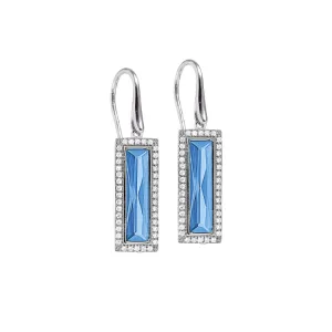 Rhodium Finish Sterling Silver Earrings with Rectangular Simulated Blue Topaz Stones and Simulated Diamonds