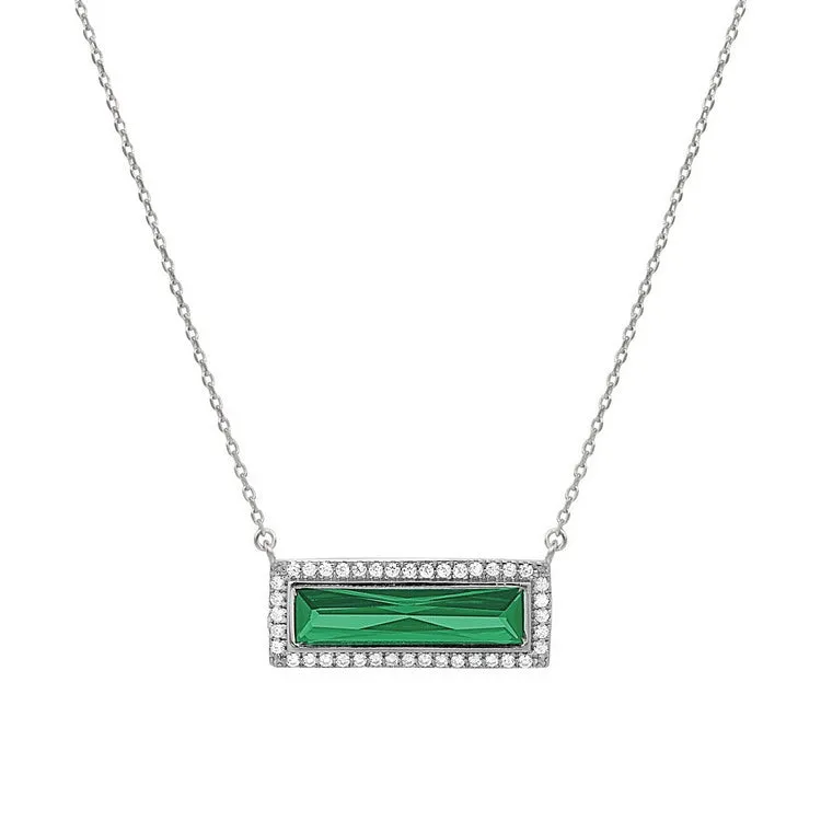 Rhodium Finish Sterling Silver Necklace with Rectangular Simulated Emerald Stone and Simulated Diamonds on 16" - 18" Chain