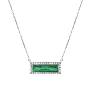 Rhodium Finish Sterling Silver Necklace with Rectangular Simulated Emerald Stone and Simulated Diamonds on 16" - 18" Chain