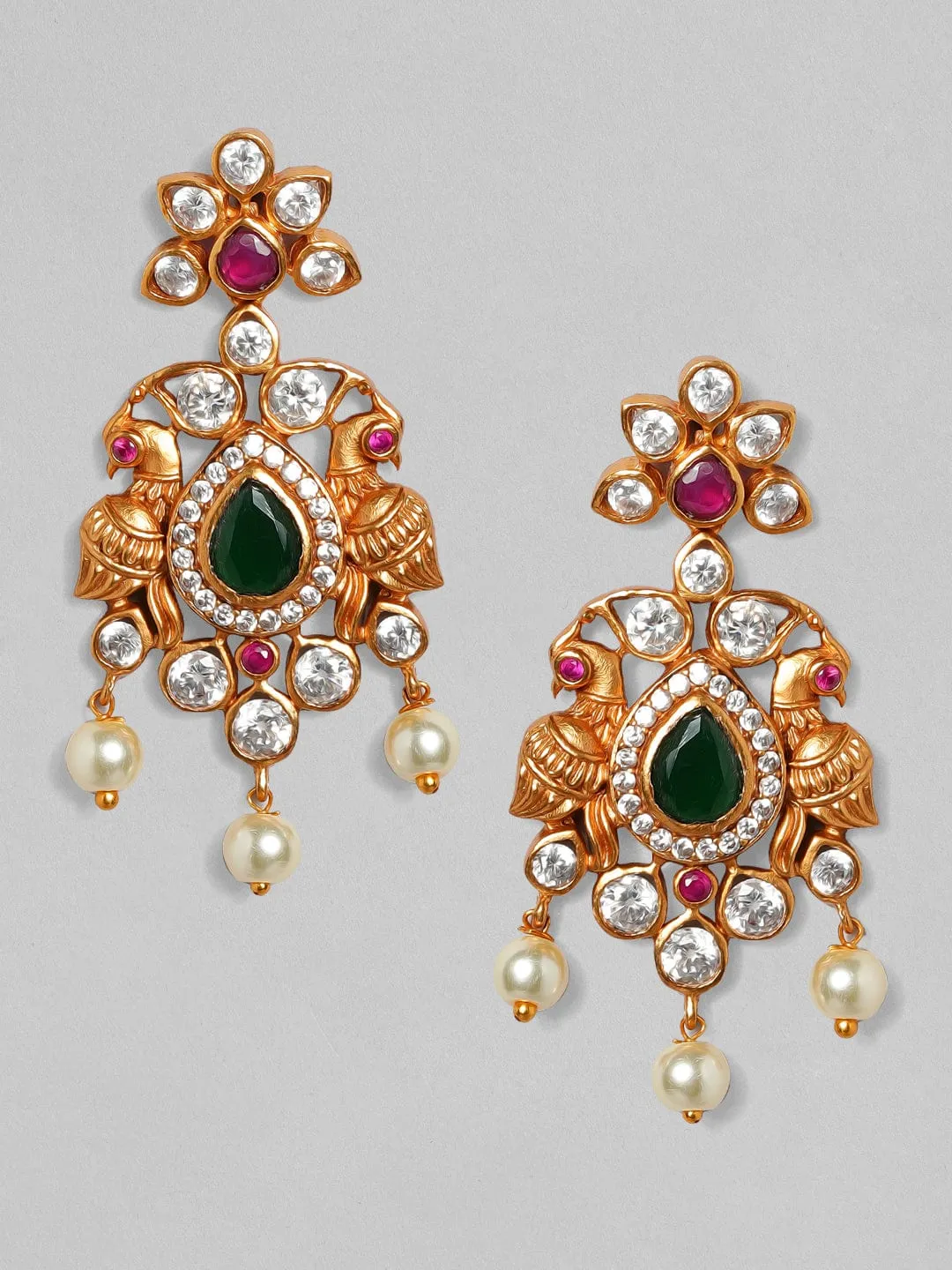 Rubans 22K Gold Plated Handcrafted Faux Ruby with White Pearls Drop Earrings