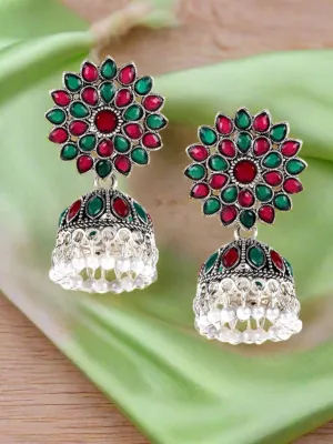 Ruby & Green Gold-Toned Dome Shaped Pearl Drop Jhumkas Earring