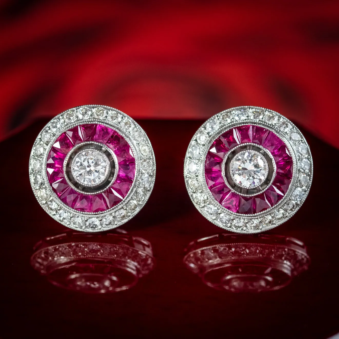 Ruby Diamond Target Stud Earrings Platinum 3.50ct Of Diamond 1.60ct Of Ruby