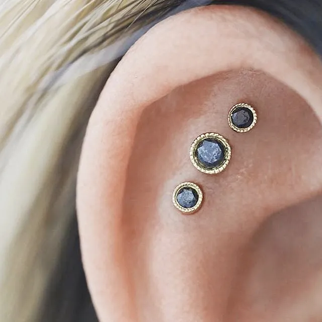 Scalloped Genuine Black Diamond Threaded Stud Earring by Maria Tash in 18K White Gold. Flat Stud.