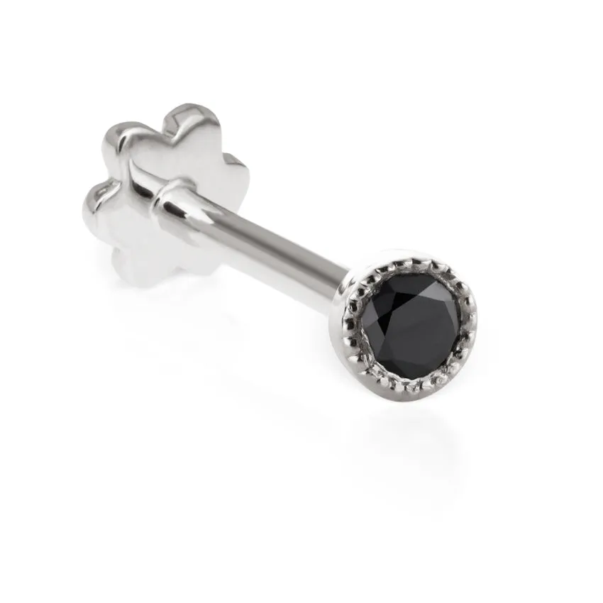 Scalloped Genuine Black Diamond Threaded Stud Earring by Maria Tash in 18K White Gold. Flat Stud.