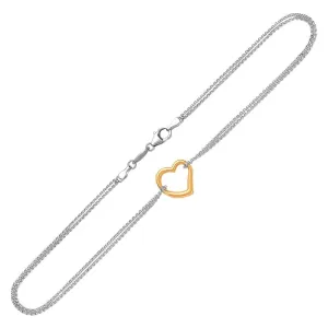 Size: 10'' - 14k Yellow Gold and Sterling Silver Anklet with a Single Open Heart Station